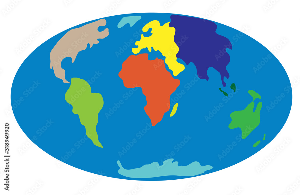Simple vector flattened cartoon planet earth with colored continents