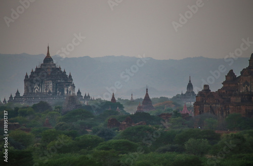 Beautiful sunset over the vaults of ancient pagodas in the Bagan Valley, Myanmar