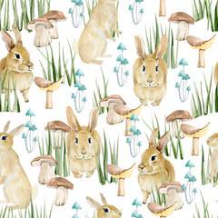 Crédence de cuisine Lapin patrons Watercolor seamless pattern forest animal. Cute baby illustration with rabbit, green grass, mushroom for the textile fabric, wrapping paper, scrapbook, posters.  © Anna