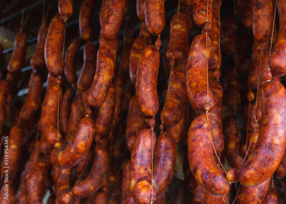 Delicious traditional spanish chorizos curing Delicious traditional spanish chorizos curing
