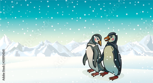 Penguins, mountains and blue sky.