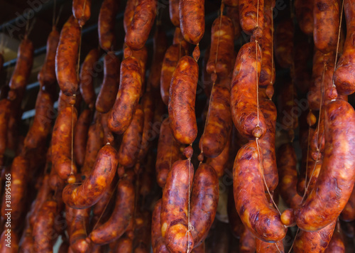 Delicious traditional spanish chorizos curing