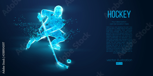 Abstract silhouette of a hockey player from particles. Dots, lines, triangles text color effects and background on a separate layers. Low poly neon wire outline geometric polygonal vector illustration