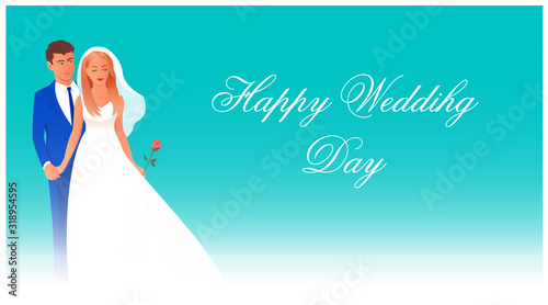 Beautiful bride and groom on a happy wedding day. Stand on a blue background with place for text. For greeting cards and invitations. Vector illustration.