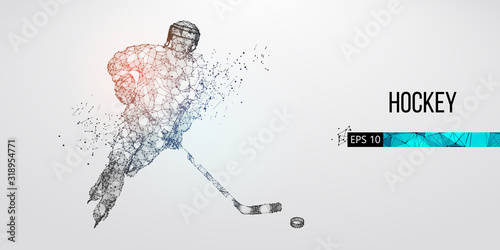 Abstract silhouette of a hockey player from particles. Dots, lines, triangles text color effects and background on a separate layers. Low poly neon wire outline geometric polygonal vector illustration