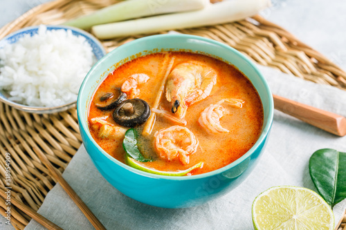 Delicious Tom Yam with shrimp and shiitake mushrooms, spicy Thai soup