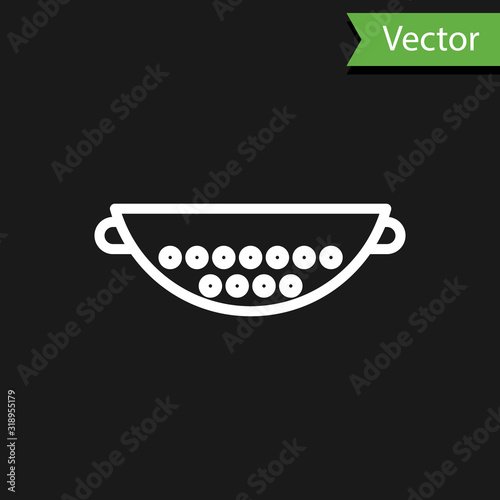 White line Kitchen colander icon isolated on black background. Cooking utensil. Cutlery sign. Vector Illustration