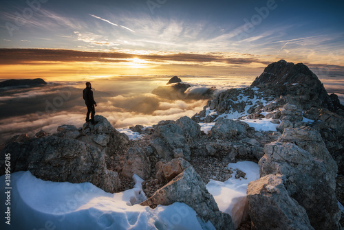 Tramonto dal bivacco Luca Vuerich, nelle Alpi Giulie friulane. photo