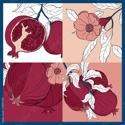 Silk scarf with pomegranate branch with fruits and flowers.