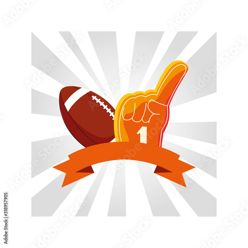 american football ball with hand glove on white background