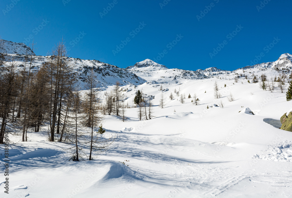Spectacular winter mountain panorama high in austrian alps.