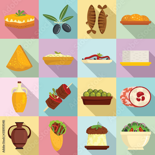 Greek cuisine icons set. Flat set of Greek cuisine vector icons for web design