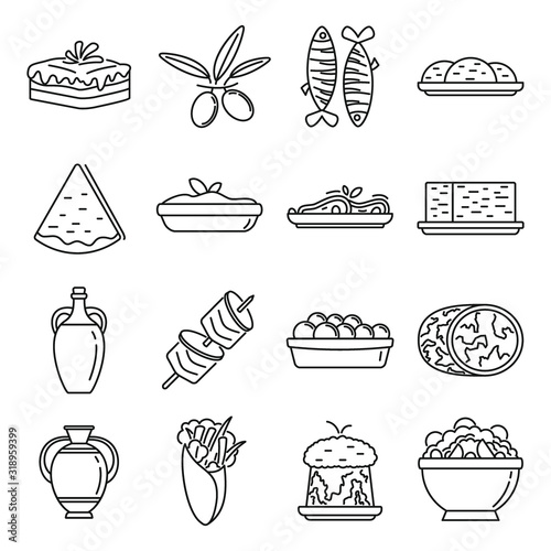 Greek cuisine food icons set. Outline set of Greek cuisine food vector icons for web design isolated on white background