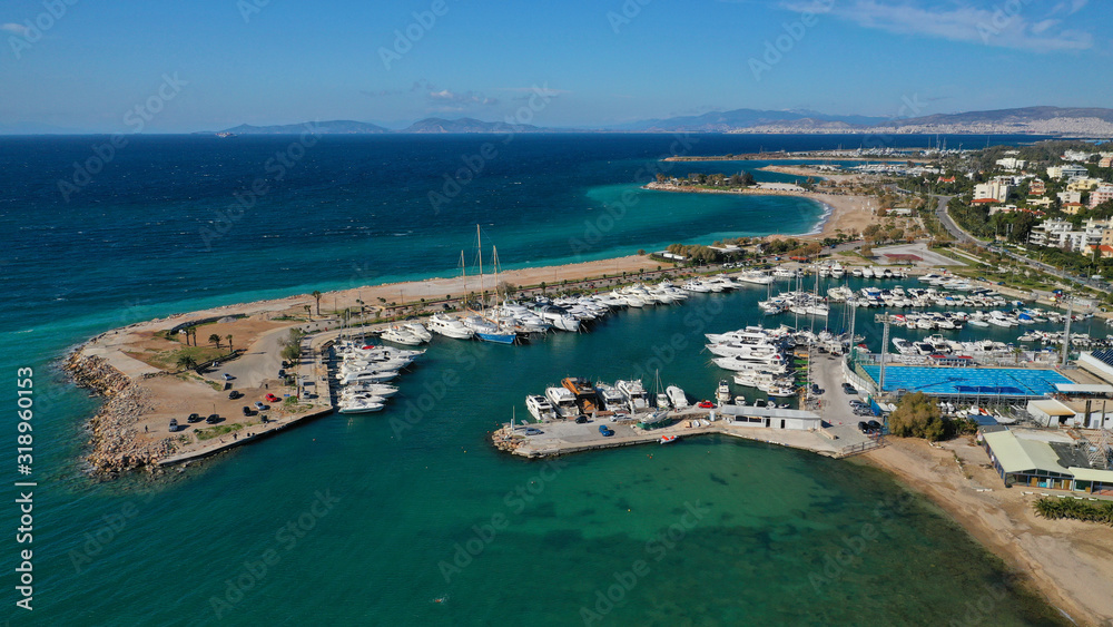 Aerial drone photo of famous seaside area and port of Glyfada, Athens riviera, Attica, Greece