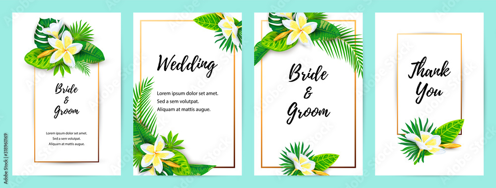 Invitations with jungle leaves, tropical flower plumeria. Vector illustration summer templates. Place for text. Great for SPA flyer, beauty offer, wedding, poster, baby shower, bridal shower.