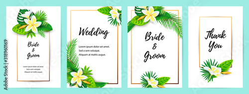 Invitations with jungle leaves, tropical flower plumeria. Vector illustration summer templates. Place for text. Great for SPA flyer, beauty offer, wedding, poster, baby shower, bridal shower.
