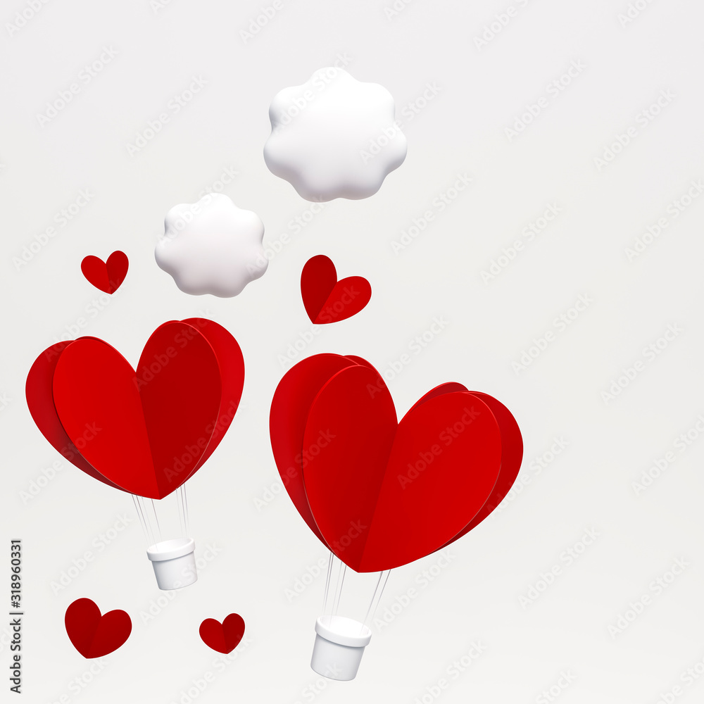Paper heart shaped balloons and cute cloud with red heart floating in the white sky 3d rendering. 3d illustration freedom and relax love and Valentines Day greeting card template minimal concept.