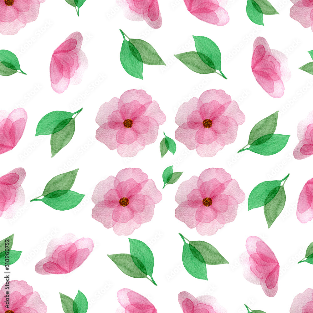 seamless pattern with pink watercolor flowers, botanical decoration with delicate flowers