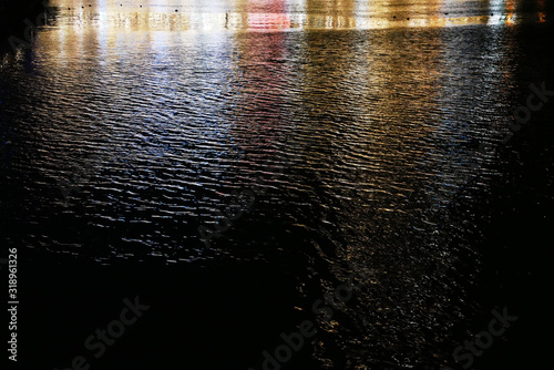 街の照明が反射する夜の川の水面