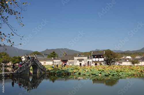 Hongcun Ancient Town in Anhui Province, China. View of the stone bridge crossing Nanhu Lake in Hongcun. Ancient town of Hongcun in China with bridge, old buildings and lilies.