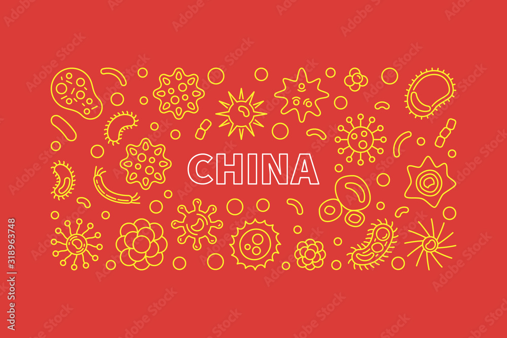 Fototapeta premium China Virus or Coronavirus vector concept creative linear horizontal illustration or banner