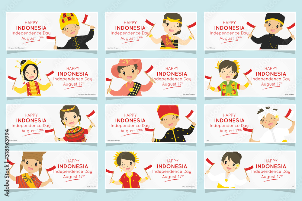 Indonesia independence day August 17th celebration banner design, cartoon vector set. Happy Indonesian kids in traditional dress, holding Indonesian flags. Printable banner template.