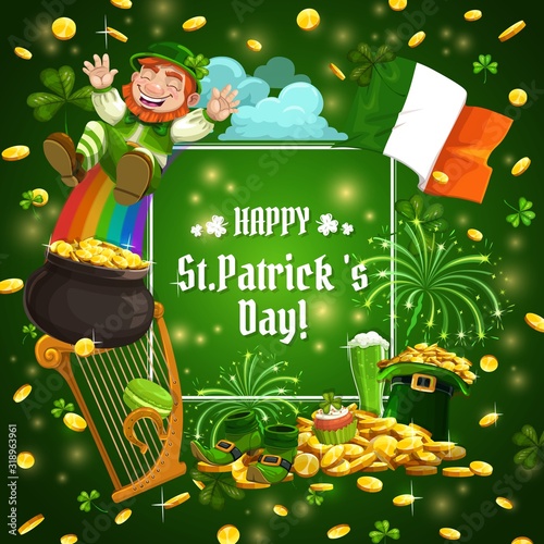 Patricks Day leprechaun with pot of gold on rainbow, vector greeting card. Green leaves of shamrock clover, golden coins and horseshoe, Ireland flag, green hat and shoes, beer, cake and harp