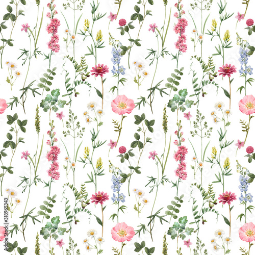 Beautiful floral summer seamless pattern with watercolor hand drawn field wil...