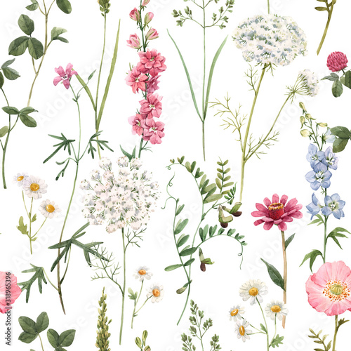 Beautiful floral summer seamless pattern with watercolor hand drawn field wild flowers. Stock illustration.