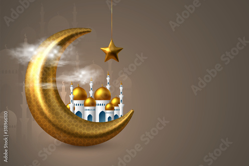 Ramadan Kareem vector illustration. 3d golden metal crescent with star in clouds and mosque. Beige background for Muslim holy month. Copy space.