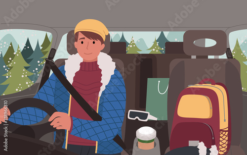 Man driver sitting in car with package and backpack, sunglasses and cup. Male character wearing jacket and hat traveling alone in winter season. Road trip of person in auto near fir-trees vector