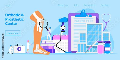 Prothesis and orthopedic center concept vector for website. Tiny doctors offer runner leg prosthesis. Bionic metal limb for human. Disability day, month. Medical support for month.