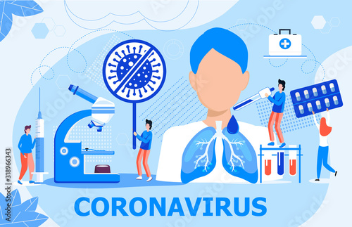 Coronavirus concept vector for landing page, banner, poster. Tiny doctors treat patient. Stop CoV sign. Resuscitation, lung ventilation to save an infected man. Pandemic situation, science