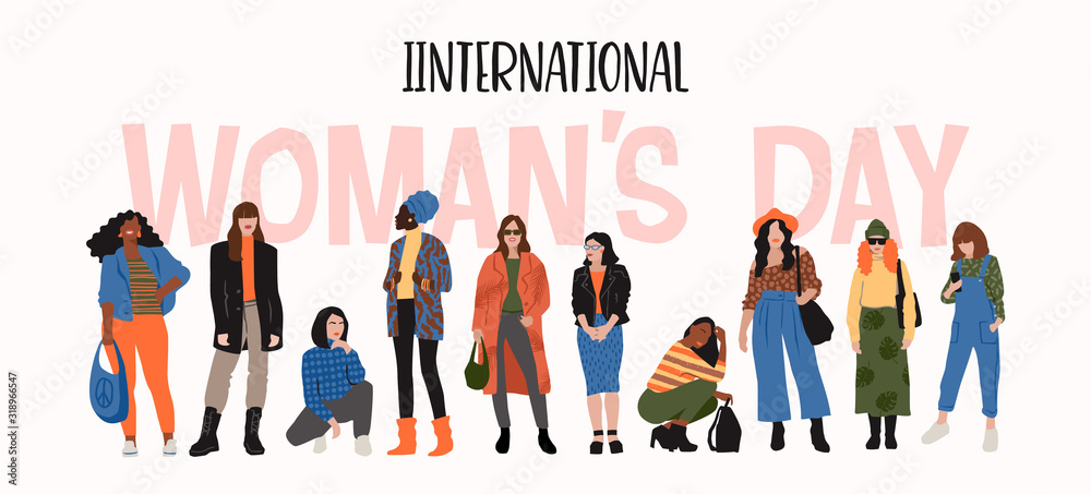 International Womens Day. Vector illustration of abstract women with different skin colors.