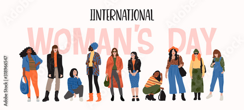 International Womens Day. Vector illustration of abstract women with different skin colors.