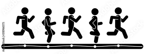 Pictogram vector illustration of running men in motion. People runner race, training to marathon and jogging. Healthy sport life.