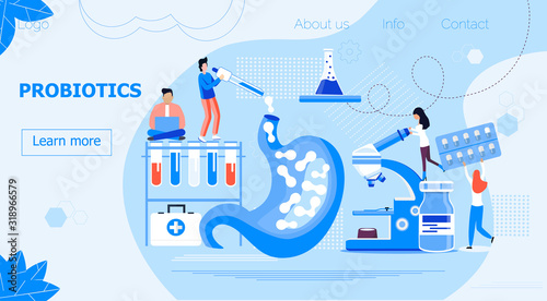 Tiny doctors give stomach probiotic bacteria, lactobacillus. Healthcare landing page, immunity support concept vector for horizontal banner, poster, flyer, website. Symbol of useful milk