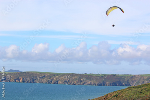 Paraglider above Newgale Beach  St Brides Bay  Wales 