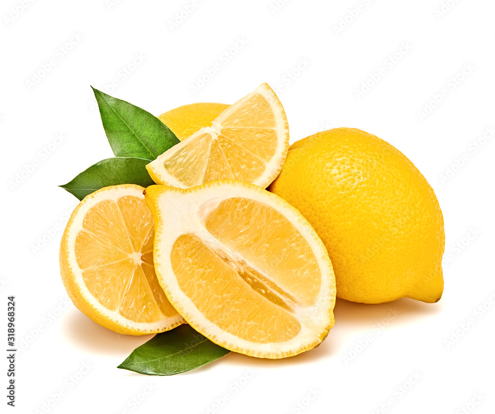 Lemon fruit, slices, leaves isolated on white. Juicy healthy vitamin C clean eating food. Organic whole, cut citrus fruits for lemon juice, clipping path. Fresh lemons, full depth of field