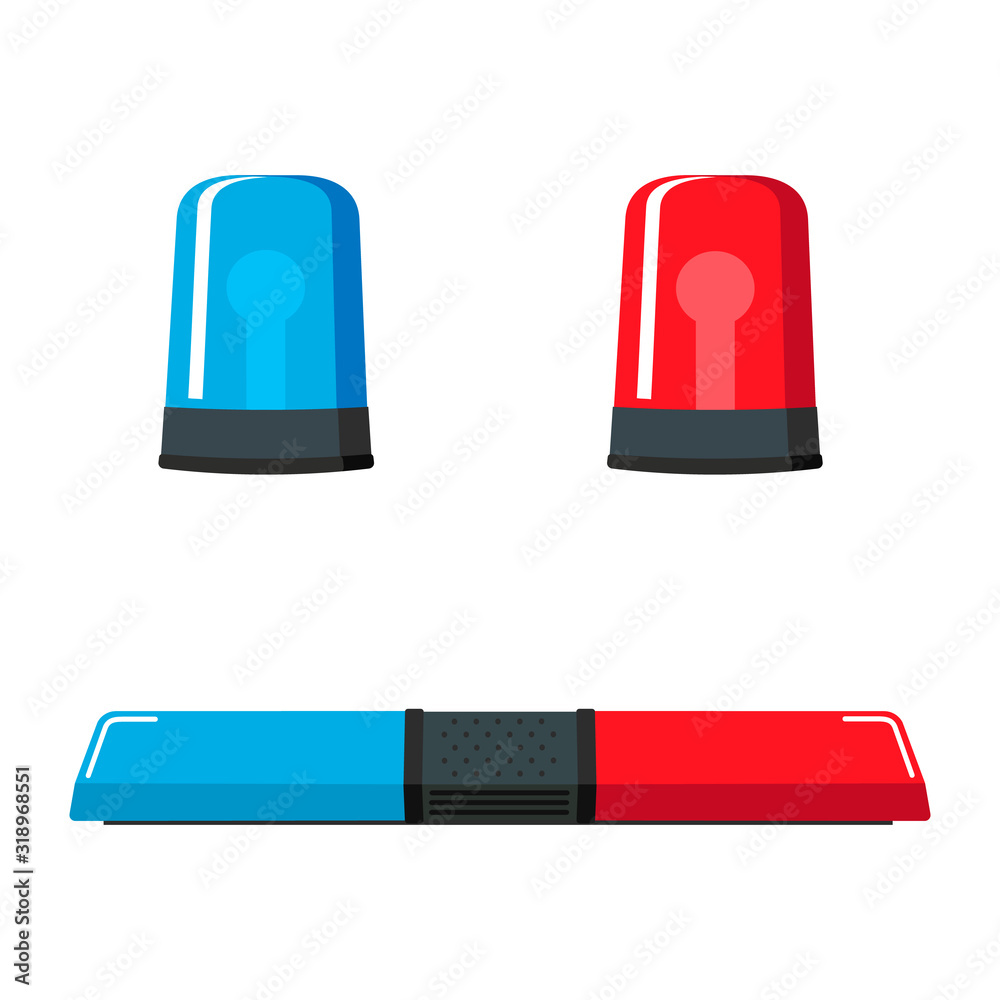 Vector flat set of red and blue lights on top of police car or siren illuminated. Ambulance car