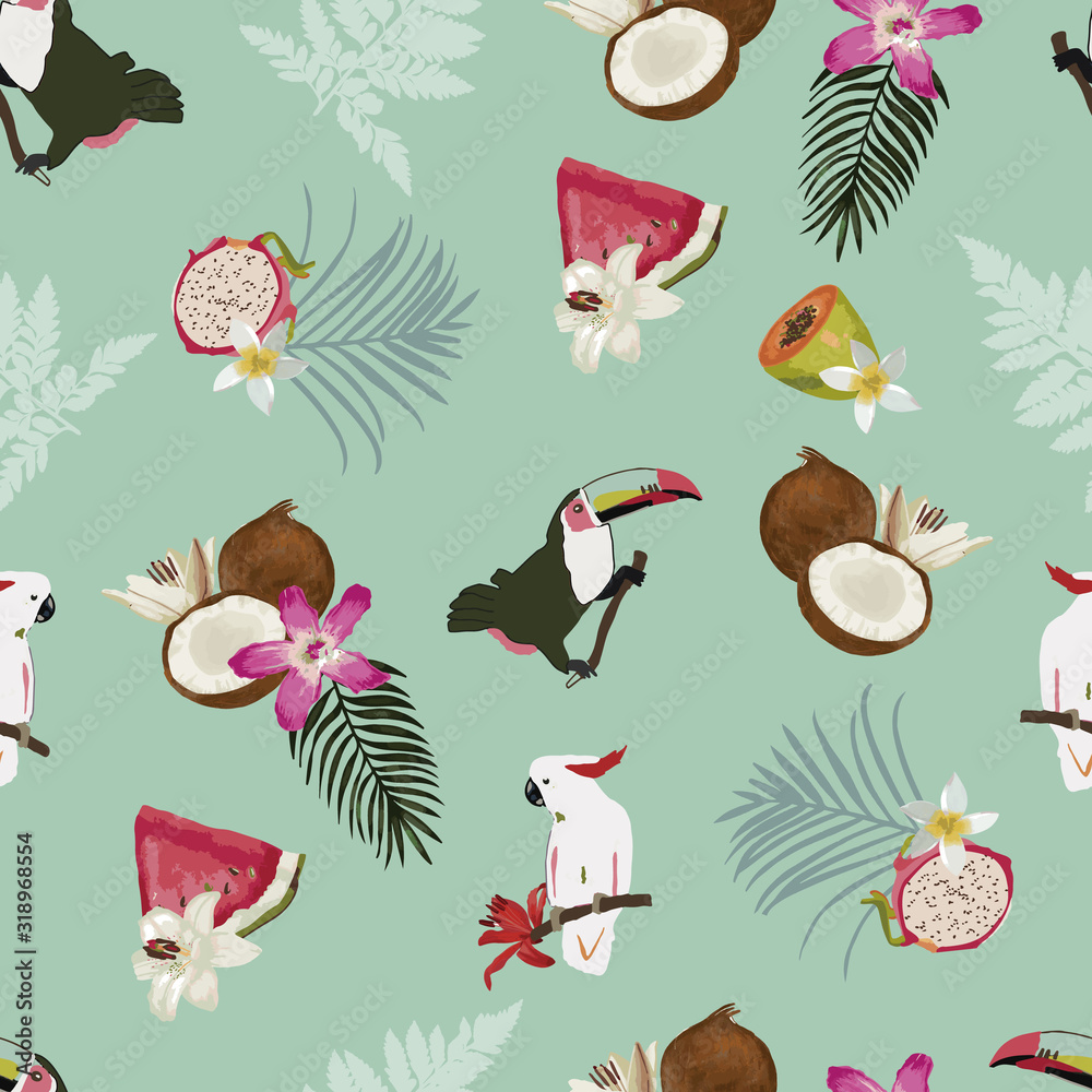 Naklejka premium Vector seamless pattern with fruits, leaves, toucan and a cockatoo .