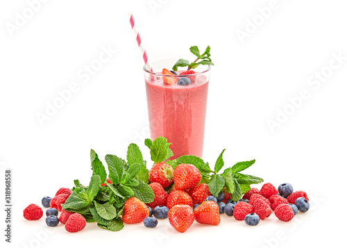 Berry fruits detox fresh smoothie. Colorfull healthy eating diet concept. Raw mixed red berries smoothie food background. Creative strawberry  raspberry  blueberry smoothies isolated on white