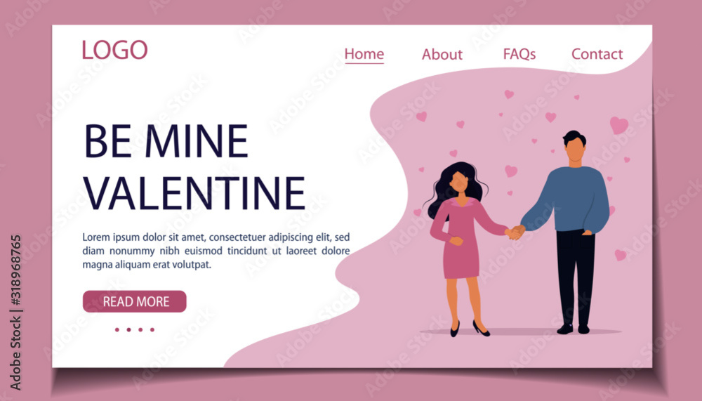 Valentine's day with couple hugging. Landing page design template, vector illustration in flat style