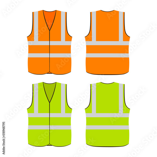 Safety vest. Set of yellow and orange work uniform with reflective stripes. Vector illustration.