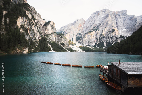 Classic view from famous lake, Lago Di Braies,Dolomities,Italy.