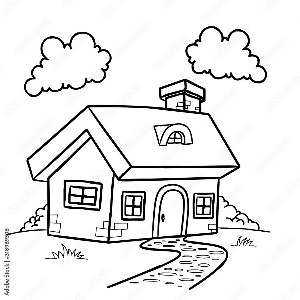 Fototapeta premium Funny fairy tale house children coloring page isolated on white. Building, countryside.