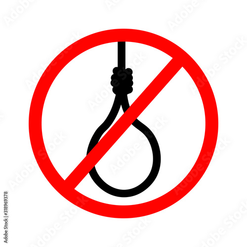 Ban gallows. Stop gallows. It is forbidden to death by hanging. Emblem against death penalty. Red prohibition sign.