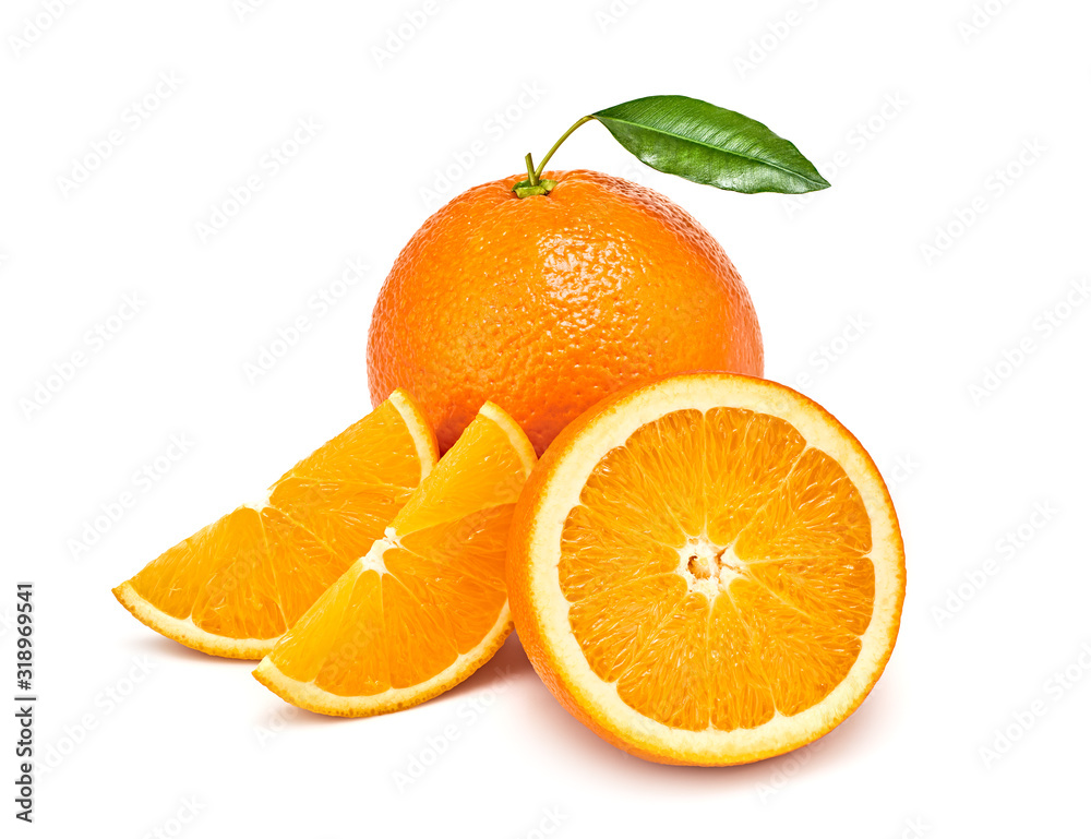 Orange fruit, slices, leaves isolated on white. Juicy healthy vitamin C  clean eating food. Organic whole, cut citrus fruits for orange juice,  clipping path. Fresh oranges, full depth of field Photos