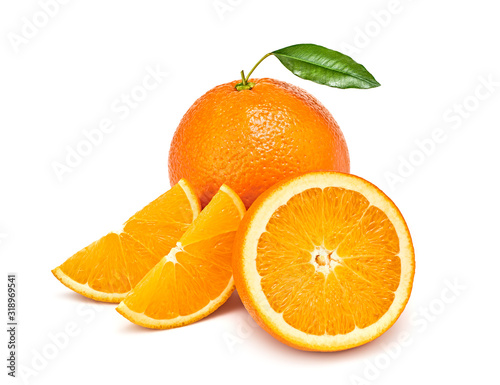 Orange fruit  slices  leaves isolated on white. Juicy healthy vitamin C clean eating food. Organic whole  cut citrus fruits for orange juice  clipping path. Fresh oranges  full depth of field