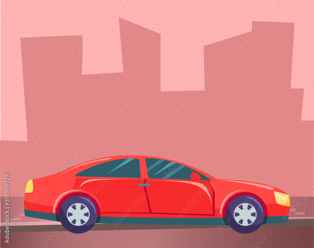 Red small car, vehicle on city background. Sedan or hatchback stand on asphalted road. Automobile with dark and tinted glasses. Pink silhouette of town buildings. Vector illustration in flat style Red small car, vehicle on city background. Sedan or hatchback stand on asphalted road. Automobile with dark and tinted glasses. Pink silhouette of town buildings. Vector illustration in flat style